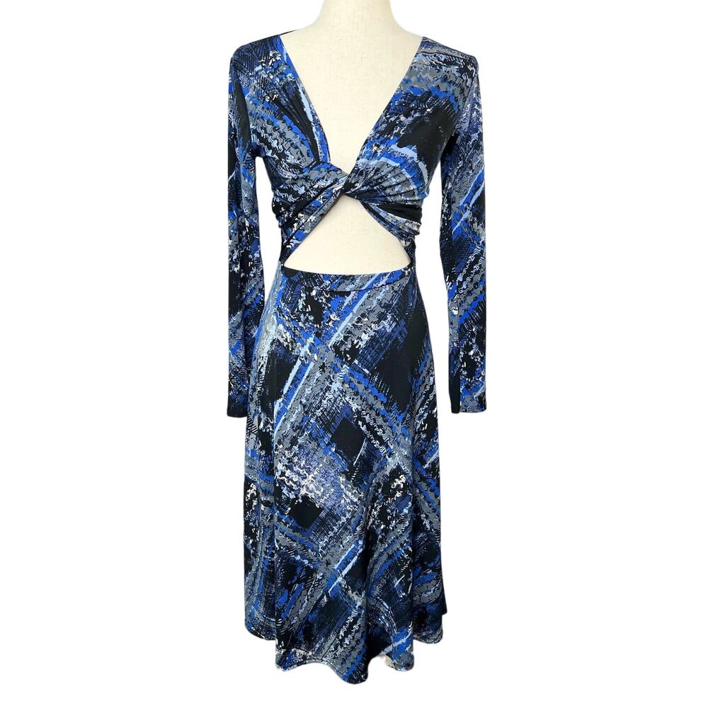 DUCCI Womens Size S Blue Multi Abstract Print Long Sleeve 3 Way Wrap Midi Dress